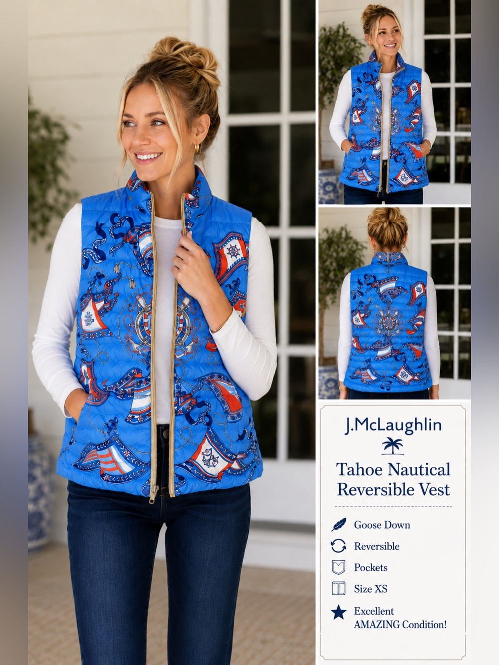 J.McLaughlin Tahoe Nautical Reversible Goose Down Vest Blue XS